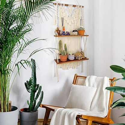 2-Tier Macrame Wall Hanging Shelf & Boho Decor, Wooden Floating Shelves - size: Large