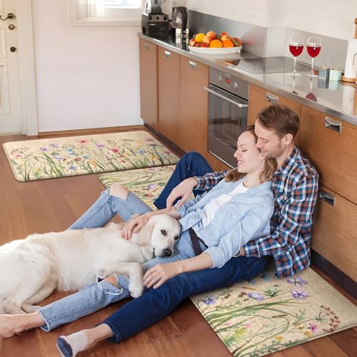 KIMODE Anti Fatigue Kitchen Mats, Brown Farmhouse Kitchen Rugs Sets of 2 - color: Floral/Brown, size: 47"L x 20"W x 0.47"Th + 32"L x 20"W x 0.47"Th