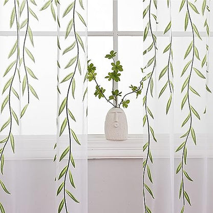 Ufurty 2pcs Willow Leaf Window Curtain Voile Tulle Sheer Vine Curtains - color: Green Leaf, size: 39.4"W x 78.7"L (Pack of 2)