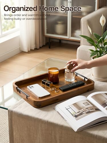 TIDITA 20"x14" Wooden Large Ottoman Tray, Serving Tray with Metal Handles - color: Acacia Color, size: 20" x 14" x 2"