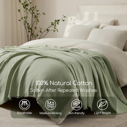 WDCOZY Muslin Blanket 100% Cotton Blankets Queen Size 4-Layer Breathable Lightweight Soft for Couch Boho Farmhouse Linen Tassels Ruffle Gauze Blankets 90x90 Inches Sage Green - color: Sage Green, size: Queen (90"x90")