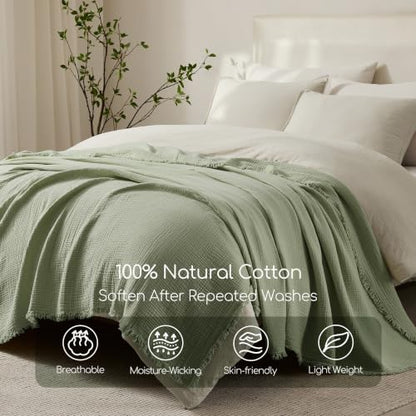 WDCOZY Muslin Blanket 100% Cotton Blankets Twin Size 4-Layer Breathable Lightweight Soft for Couch Boho Farmhouse Linen Tassels Ruffle Gauze Blankets 60x80 Inches Sage Green - color: Sage Green, size: Twin (60"x80")