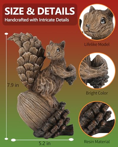 GoGnome Handcrafted Resin Squirrel Figurine on Pinecone - 8'' Woodland Animals Statue for Fall Winter Spring Summer Christmas Decor (Squirrel)