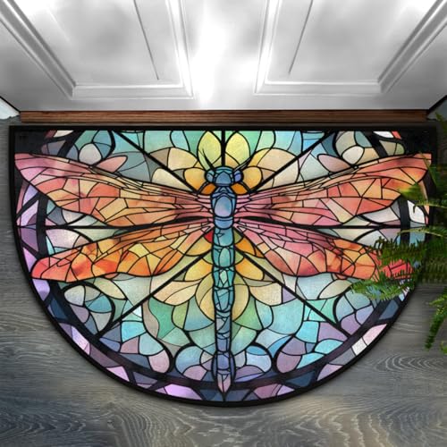Dragonfly Colorful Stained Glass Half Round Door Mat Non-Slip Soft Doormats for Home Indoor Outdoor Entrance Bath Carpet Area Rugs for Home Dining Living Room Bedroom 36" X 24" - color: A-01
