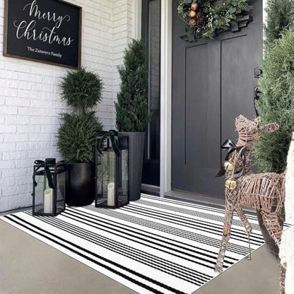 LEEVAN 4'X6' Black and White Striped Woven Cotton Reversible Outdoor Rug - color: 1white Strip, size: 4' x 6'