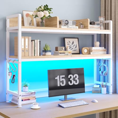 REIBII 2-Tier Desk Shelf, LED, Bedroom and Home Office, White - color: White, size: 7.8"D x 45.2"W x 38.7"H
