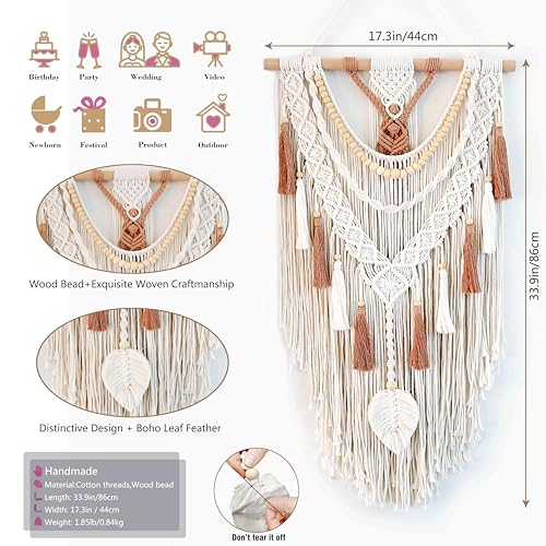 MEIZHIANDME Macrame Wall Hanging, Boho Woven Tapestry Wall Decor, Chic Bohemian Handmade Leaf Feather Wall Art Decorations for Bedroom Living Room Apartment Wedding Party (Leaf & Wood Bead)