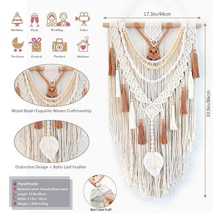 MEIZHIANDME Macrame Wall Hanging, Boho Woven Tapestry Wall Decor, Chic Bohemian Handmade Leaf Feather Wall Art Decorations for Bedroom Living Room Apartment Wedding Party (Leaf & Wood Bead)