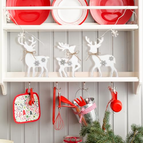 3Pcs Cute Christmas Tiered Tray Decor Indoor, Wooden Farmhouse Reindeer Christmas Tabletop Decorations Xmas Centerpiece, Rustic Reindeer Sign Standing Elk Decor for Home Shelf (White) - style: White