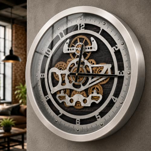 October Elf 18 Inch Large Moving Gear Wall Clock - color: 18 Inch Gunmetal With Designed Gears