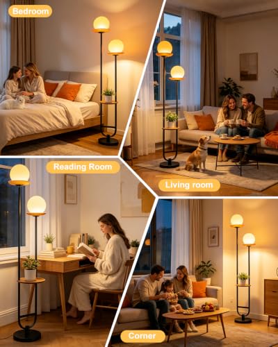 Lightdot 2-Globe Floor Lamp Dimmable with Amber Glass Tray Black Floor Lamp - color: Amber-2U Black