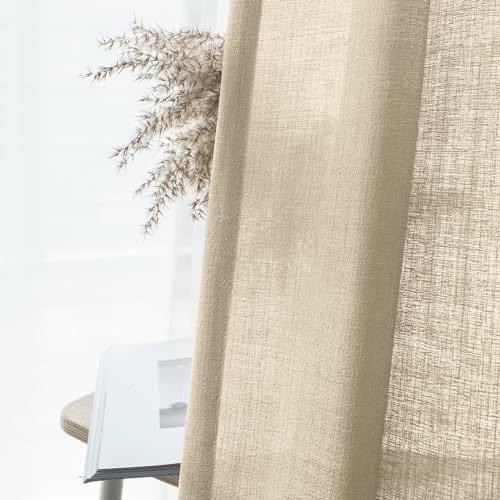 Melodieux Tan Semi Sheer Curtains 63 Inch Length for Living Room, Linen Rustic Bedroom Privacy Window Grommet Sheer Drapes, 52 by 63 Inch, 2 Panels - color: Tan, size: 52"W x 63"L (Pack of 2)