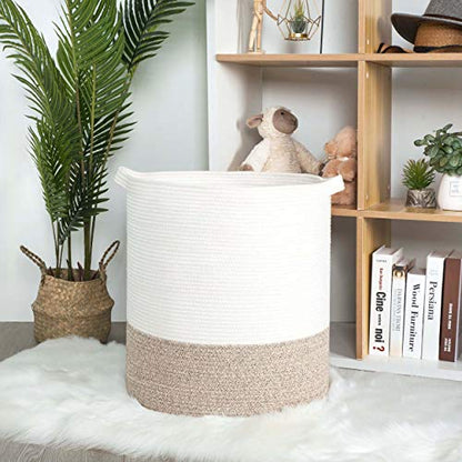 MINTWOOD Design 83L Extra Large 20x18 Inches Decorative Woven Cotton Rope Basket, Tall Laundry Basket Hamper, Blanket Basket for Living Room, Round Storage Baskets for Pillows, Towels, Light Brown