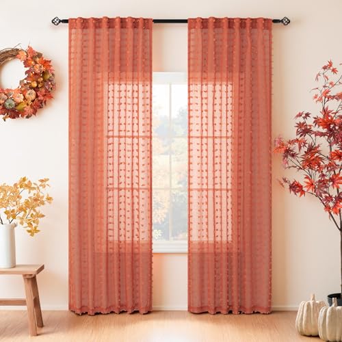 Burnt Orange Sheer Curtains 84 Inches Long Terracotta Curtains for Living Dining Room Bedroom 2 Panels Back Tab Boho Farmhouse Style Pom Pom Tufted Window Drapes Semi Sheer Fall Decor Curtain 52x84 - color: Brunt Orange, size: 52"W x 84"L (Pack of 2)