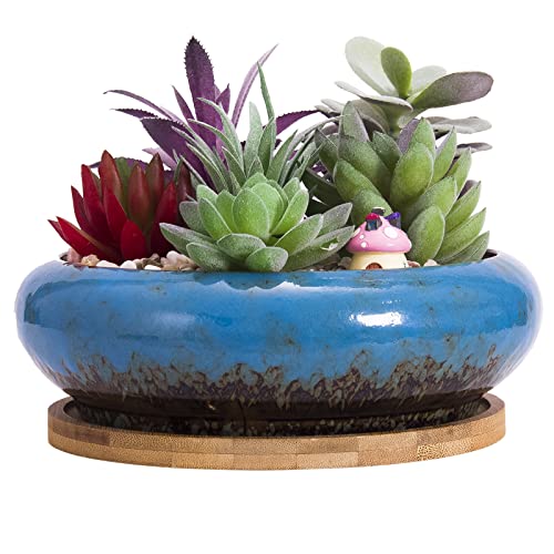 Succulent Pots, 7.3'' Ceramic Bonsai Pot with Tray, Large Succulent Planter - color: Blue