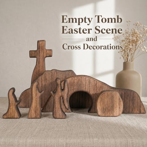 NEROSUN Wooden Empty Tomb Easter Scene and Cross Decoration - color: Wooden Empty Tomb