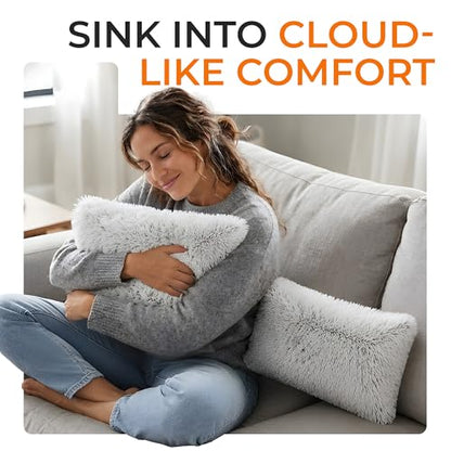Cheer Collection Throw Pillows for Couch and Bed, Soft Shaggy Throw Pillows with Inserts Included, Cozy Long Hair Faux Fur Pillows - Set of 2-12" x 20" - Gray - color: Gray Ombre, size: 12" x 20"