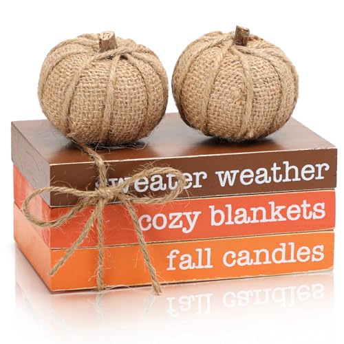 Fall Tiered Tray Decor, Wood Book Stack with Maple Leaves & Pumpkins - color: Book & Linen Pumpkin