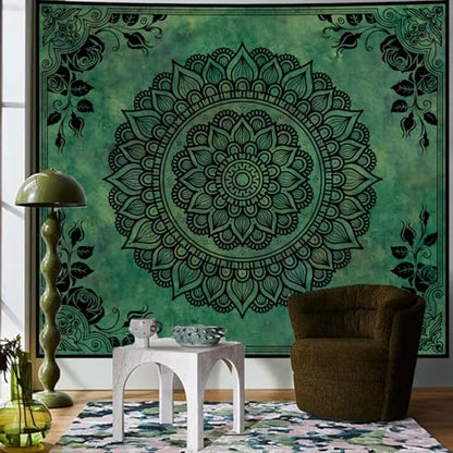 Green Boho Mandala Tapestry for Bedroom, Large Hippie Ceiling Wall Hanging - color: Green Tapestry, size: 60"L x 51"W