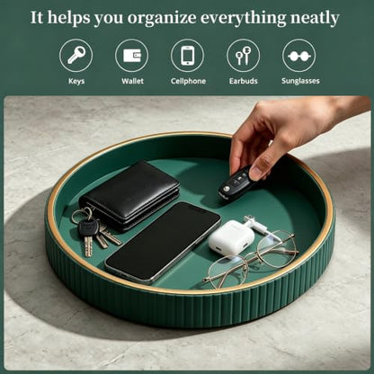 SANZIE Leather Tray Desktop Storage Organizer, Round Valet Tray, Green - color: Green Disc
