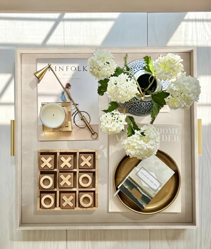 HofferRuffer Extra Large Square Serving Tray, Elegant Faux Leather Ottoman Tray with Gold Hardware Handles, Serve Tea, Coffee or Breakfast in Bed, 24 x 24 inches (Light Grey, 24" x 24" x 2") - color: Light Grey, size: 24" x 24" x 2"