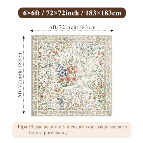 6x6 Washable Area Rug Living Room: Floral Non-Slip Washable Mat for Indoor Floor Dining Room Bedroom High Traffic Area - Soft Low Pile Carpet for Vintage Boho Home Decor (6ft Square, Beige) - color: Beige, size: 6x6