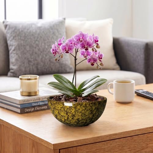 Lotus Bowl Planter, 8 Inch Ceramic Bonsai Pots, Yellow Leopard - color: Yellow Leopard-1, size: 8 Inch