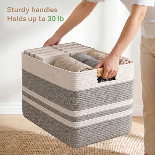Nunsino 96L Blanket Basket with Leather Handles,Laundry Basket,Gray White - color: Grey White, size: 96L