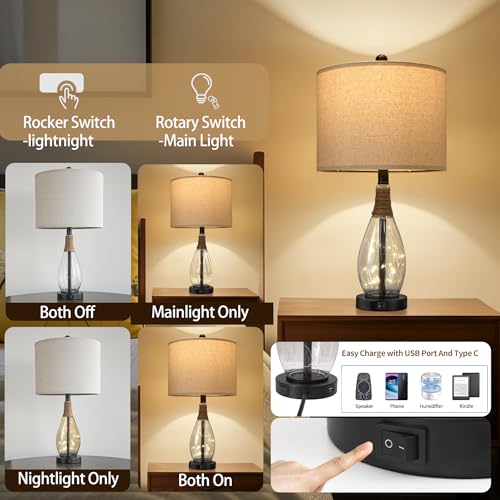 OYEARS Bedside Table Lamp with USB, 23‘’ Black Modern Nightstand Lamps for Bedroom, Retro Rattan Table Lamps for Night Stands, Living Room, Farmhouse Table Lamp with Glass Nightlight Lamps - color: Black