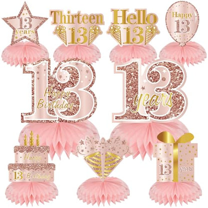 Turypaty Happy 13th Birthday Honeycomb Table Centerpieces Decorations Girls - style: Pink Rose Gold 13th