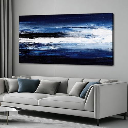 LKY ART Abstract Navy Blue White Canvas Wall Art, Panoramic 20"x40" - color: Dark blue, size: 40"L x 20"W