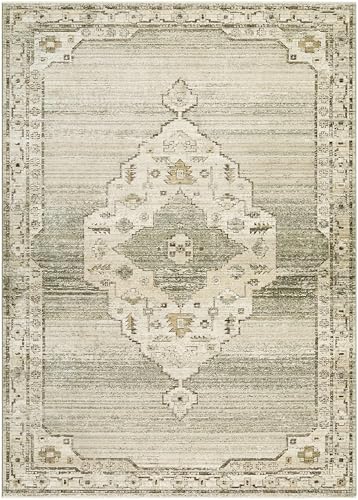 Hauteloom Sinclair Oriental Medallion Area Rug - Vintage Faded Look Traditional Floral Carpet for Living Room, Bedroom, Dining Room - Farmhouse - Sage, Ivory, Taupe - 5' x 7'5" - color: Light Gray, Off - White, Olive / Havard, size: 4'11" x 7'5" (Rectangu