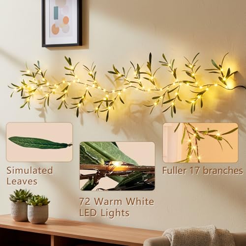 Vanthylit Lighted Artificial Olive Garland, 6FT Faux Greenery Vine Garland