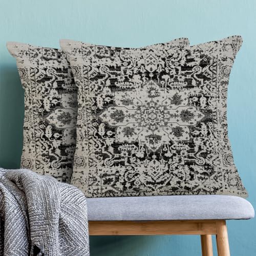 AEIOAE Boho Pillow Covers 16x16 Inch Set of 2,Black Grey Gray Carpet Pattern Throw Pillows Case,Ethnic Design Retro Outdoor Decorative Square Linen Farmhouse Decor Cushion Covers for Home Sofa Couch - color: Black Grey Gray, size: 16" x 16" (Pack of 2)