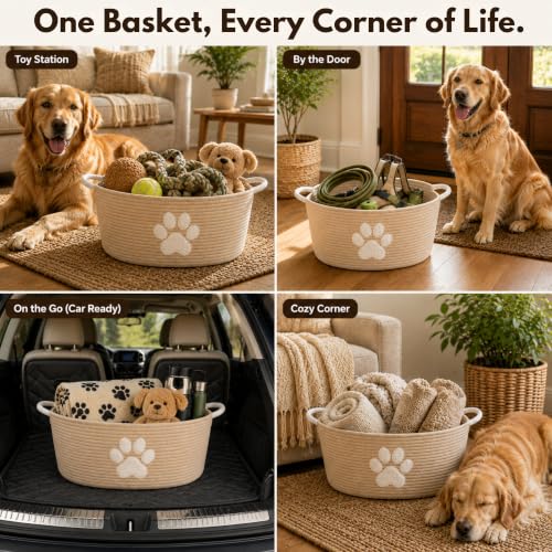 Dog Toy Basket with Handles, Boho Cotton Rope Storage Bin Organizer - color: Khaki / White Paw
