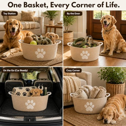 Dog Toy Basket with Handles, Boho Cotton Rope Storage Bin Organizer - color: Khaki / White Paw