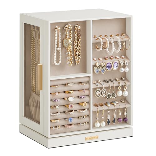SONGMICS Jewelry Box Organizer, 360° Rotating, 5 Drawers, Cloud White | Vertical Jewelry Storage Case, Spacious, Open Design, Great Gift, Glass Window, GISELLA Collection UJBC170W01 - color: Cloud White, size: 5 Drawers (6.3"d X 8.7"w X 11.2"h)