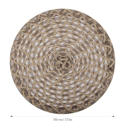 fanquare Natural 15" Round Burlap Placemats for Dining Table, Set of 6 Jute Woven Table Mats with Braided Wave Rim, Heat Resistant Rustic Boho Chargers - color: Brown