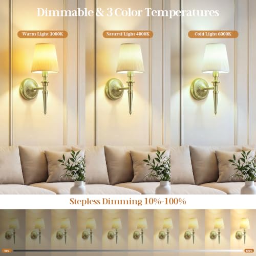 Battery Operated Wall Sconces Set of 2, Wireless Wall Lights with 12 RGB Colors and 3CCT Dimmable, Small Fabric LED Wall Lamps for Bedroom, Living Room, Hallway, Brass - color: Brass