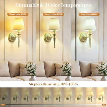 Battery Operated Wall Sconces Set of 2, Wireless Wall Lights with 12 RGB Colors and 3CCT Dimmable, Small Fabric LED Wall Lamps for Bedroom, Living Room, Hallway, Brass - color: Brass