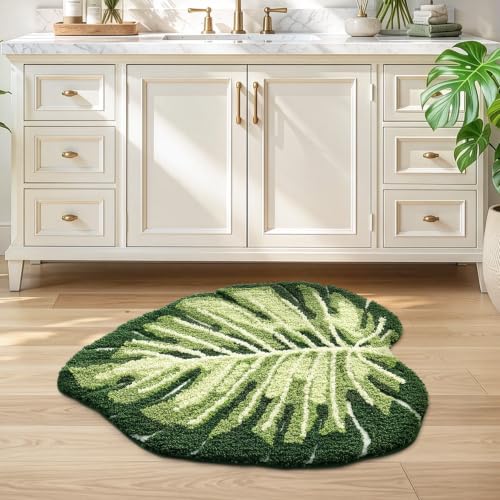 LUMI Bathroom Rug Green Leaf, Absorbent Non Slip Bath Mat, 31.5"x47" - color: Ample Monstera-large