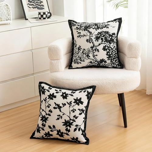 Maple Leaf Plant Pillow Cover for Couch Modern Cream Style Pillow Covers Snow Neil Courtyard Living Room Home Pillow Cover for Living Room Sofa Bed,2-Pack Set (Black, 18 * 18 inch) - color: Leaf+branch Black