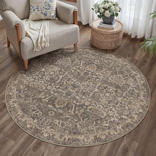HUGEAR 5ft Brown Vintage Floral Washable Round Rug for Entryway - color: Brown & Black, size: 5' (Round)
