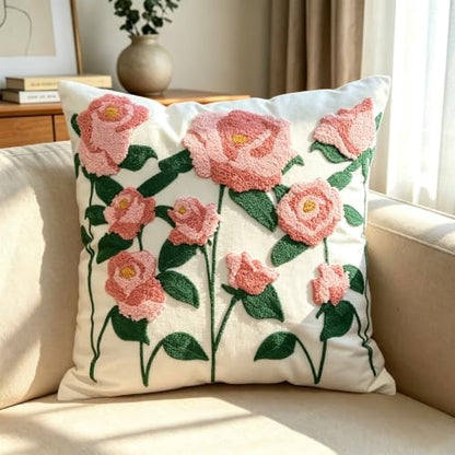 Rose Tulip Pink Floral Spring Embroidered Throw Pillow Cover 18x18 Set of 2 - color: Rose Pink