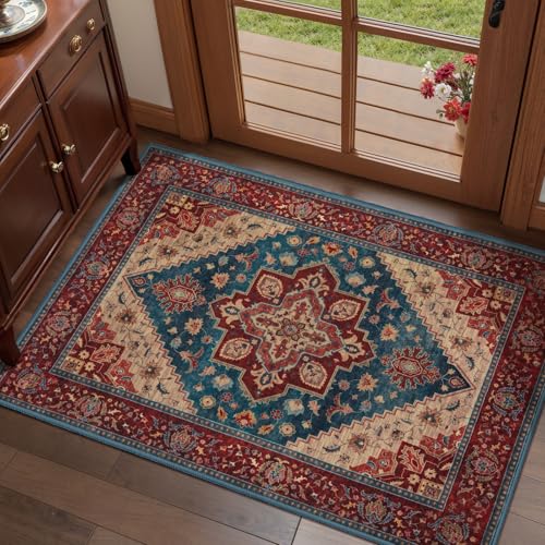 Tangsoo Oriental 2x3 Washable Rugs for Entryway Non Slip Small Rug Red Blue - color: Red/Blue, size: 2' X 3' (Rectangular)