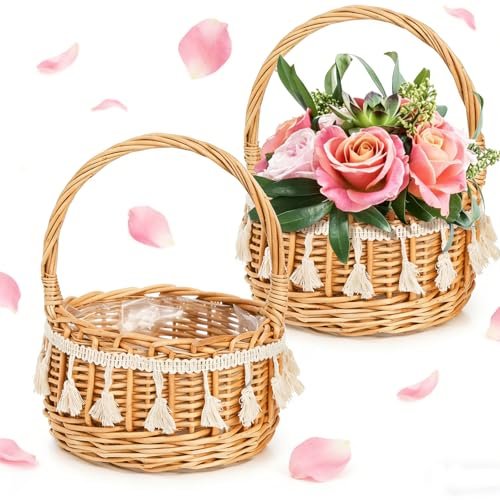 WRINGKIT 2 Pack Flower Girl Basket, Decorative Silk Petal, Small Boho Style