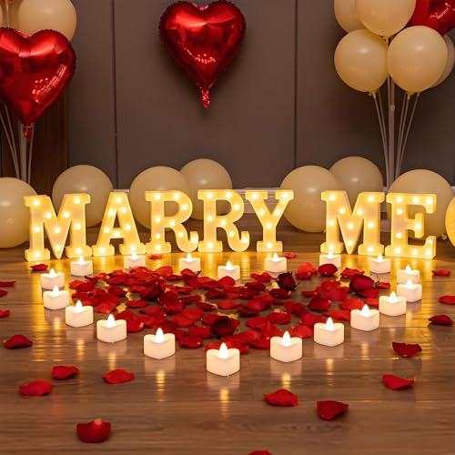 Marry Me Light Up Letters, with 30 Tea Lights Candles, Rose Petals, Aluminum Balloons, Balloons, Red Carpet, Rose Ring Box, Double Sided Tape, Valentine's Day Proposal Engagement Wedding Decorations - color: MARRY ME - Large