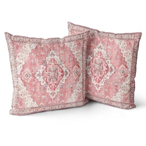 Snycler Pink Boho Throw Pillow Covers Set of 2 Monaco Rug Carpet Double Sided Pattern Cotton Soft Pillow Case Cushion Cover Pillowcase for Garden Couch Sofa Bed Decorative 20x20 inch - color: Pink, size: 20" x 20" (Pack of 2)