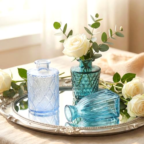 Set of 15 Blue Glass Bud Vases Small Textured Flower Vases - color: Blue