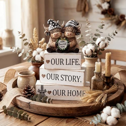 Yousoontic 4 Pcs Sweet Home Highland Cow Figurines, Rustic Farmhouse Decor - style: Home